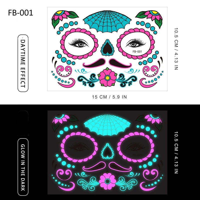 

Day of the Dead Music festival Face Tattoo Sticker Temporary Skin for Party Festival Makeup Tattoo Glow in The Dark Body Sticker
