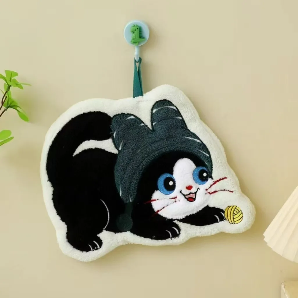 Cute Cartoon Cat Hanging Hand Towel for Kitchen Soft Coral Fleece Absorbent Kids Towel Bathroom Hanky Kids Gift