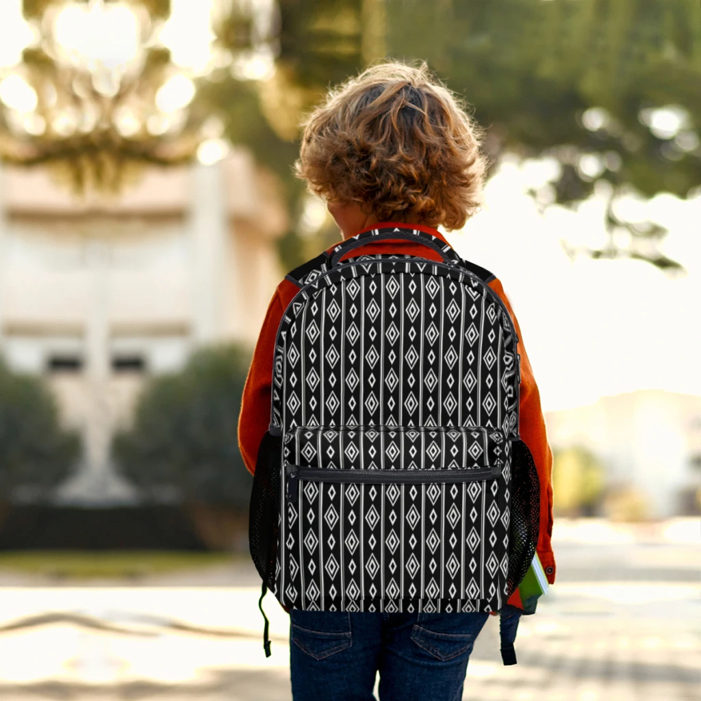 Tas punggung motif garis-garis berlian hitam putih, tas sekolah bermotif ransel 17 inci modis baru