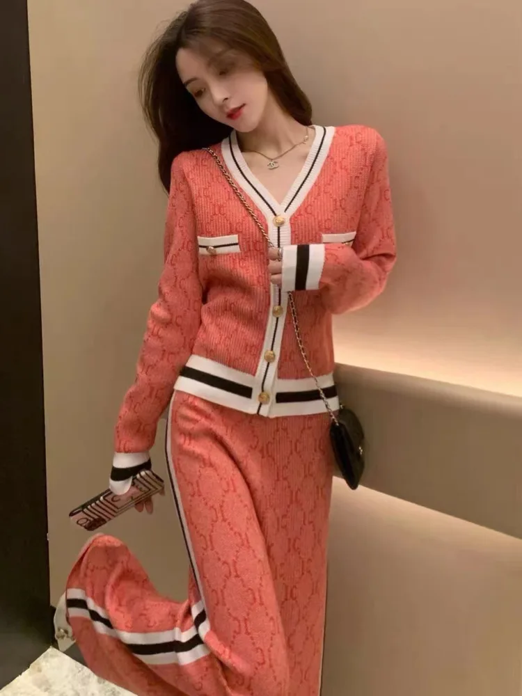 Small Fragrance Knitted 2 Piece Sets Autumn Women\'s Luxury Designer V-Neck Cardigan Coat + High Waist Casual Pants Suits Outfits