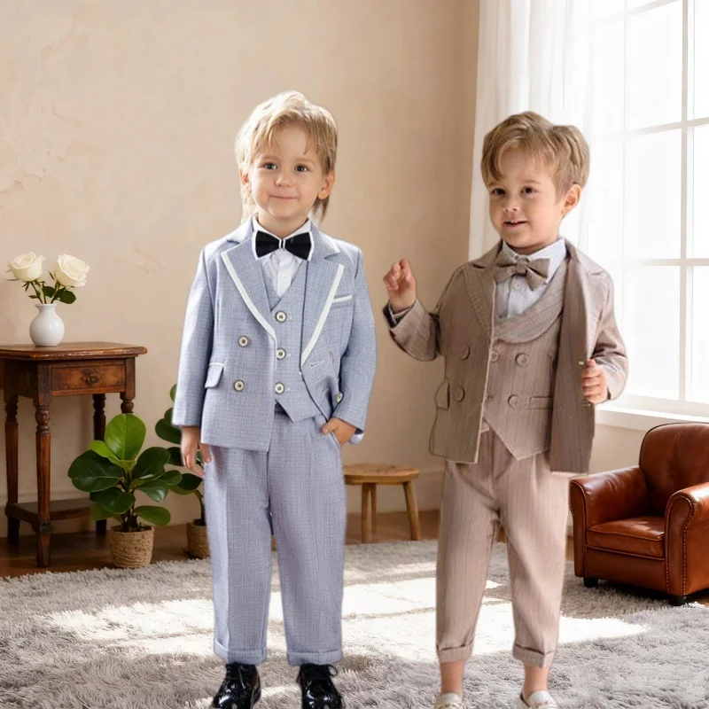 

Gentleman Kids Blue 4Pieces/Set Jacket Vest Pants Bowtie Birthday Dress Baby Boys Photograph Suit Children Wedding Party Costume