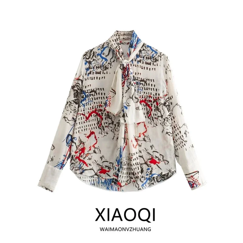 

Spring New Arrival Loose Women's irt Casual Printed Knot Top French Sle Long Sve Straight Cut Ladies Blouse