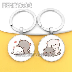 Cat Keychain Glass Red Cute Couple Peach and Cats Keychains House Kitten Pendant Charm Keyring Jewelry Gifts