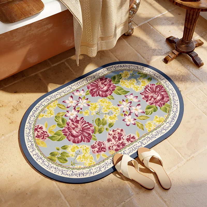 

Retro Leather Foot Mat Floral Pattern Bathroom Rug Non-Slip Water Uptake Quick Drying French Pastoral Style Home Accessories