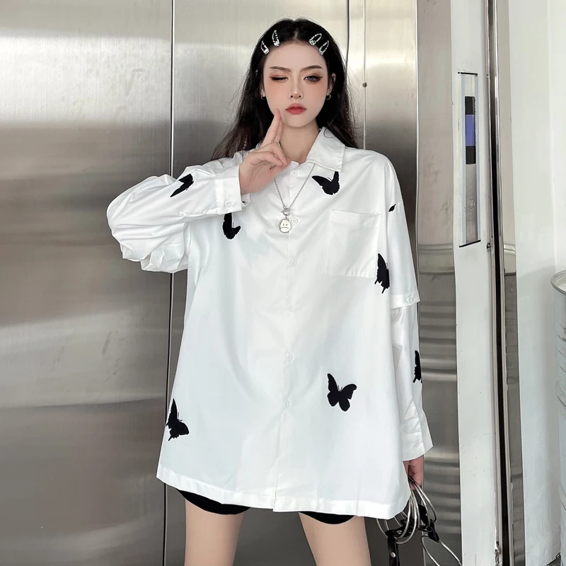 Harajuku Detachable Sleeve Shirts Women Men Spring Summer New Loose Butterfly Printed Button Down Blouses Tops Two Wear