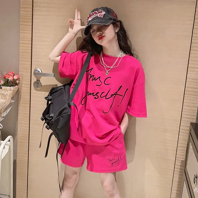 2024 Summer Letter Loose Girls Short Sleeved 2 Piece Shorts Set T-shirt Hot Pants Sports Casual Fashion Two Piece Suit Women