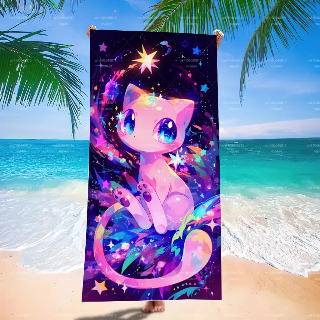 Pokemon Mew Beach Towel, Colorful Galaxy Star Print, Microfiber Quick Dry Sand Resistant Towel for Summer
