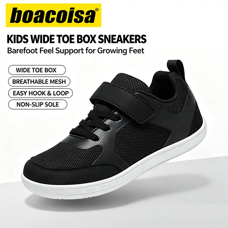 Zapatillas de malla para niños y niñas, calzado ancho tipo barefoot para caminar, tenis planos para estudiantes pequeños