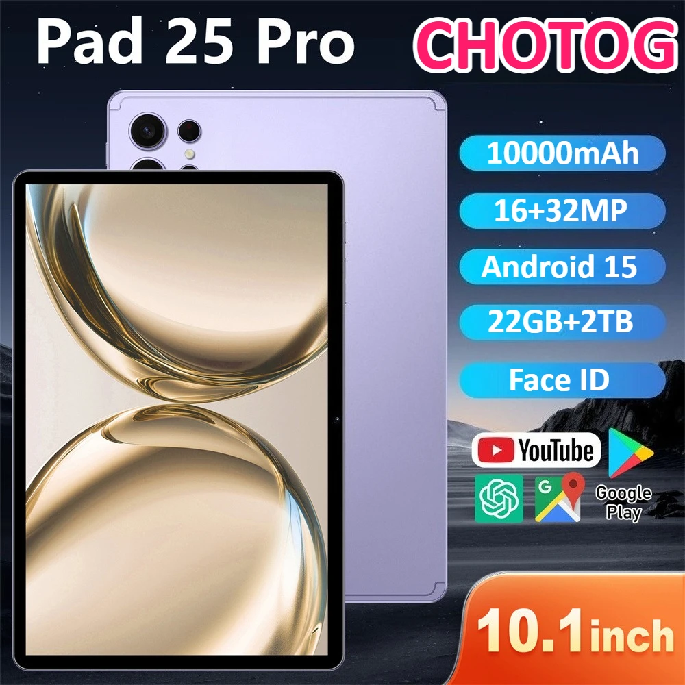 CHOTOG NOUVEAU Pad 25 Pro Tablette Android 15 PC Tablette 10,1 Pouces 16+32MP 10000mAh Déverrouillage Facial 5G Double SIM Longue Autonomie Cadeaux pour Enfants