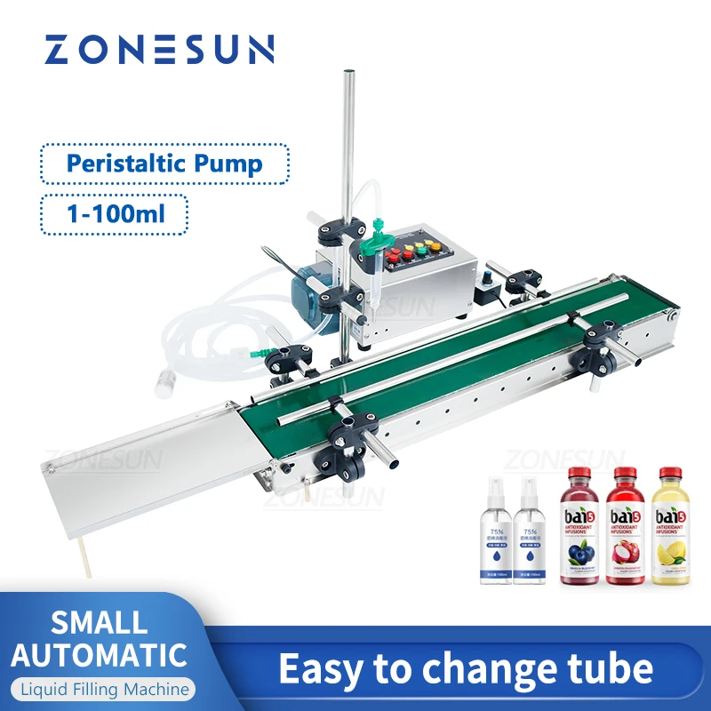 ZONESUN Liquid Filling Machine Smart Small Automatic Peristaltic Pump Eyewash Perfume Fluid Line With Conveyor Belt ZS-DTPP100C