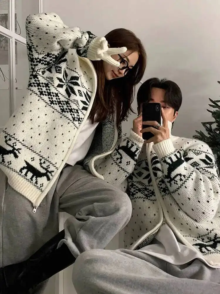 

Men's Clothing Christmas Design Stand Collar Cardigan Sweater Contrast Color Loose New Trendy Male Knits Top 2025 Winter