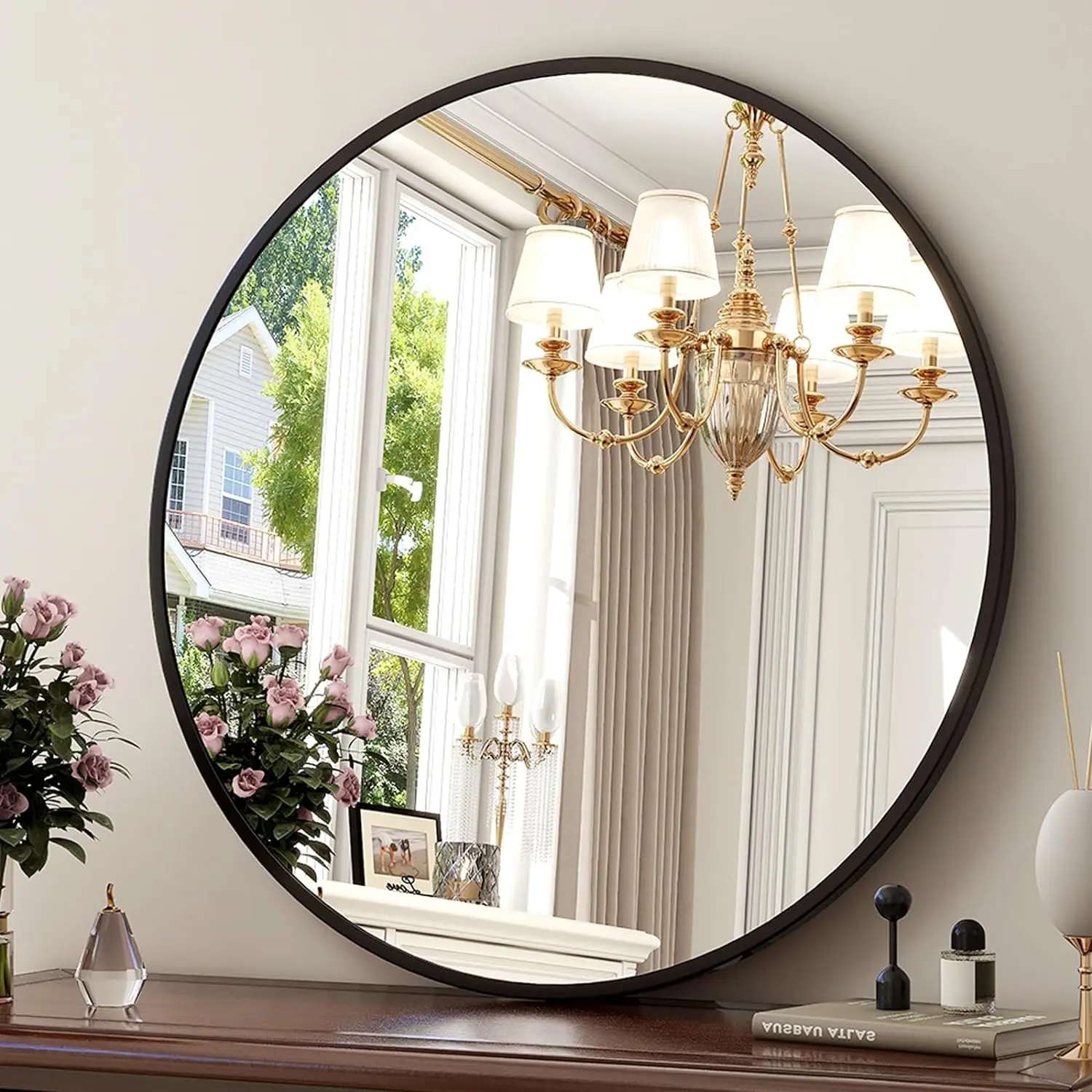 36 Inch Round Metal Wall Mirror Stylish Circle Mirror for Entryway, Bathroom, and Living Room Decor Matte Circle Wall Mirror