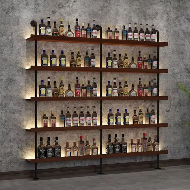 Custom Bar Wine Floor Rack Restaurant BBQ Shop Bar Counter Wall Shelf Iron Art Luminous Multi-layer Rack