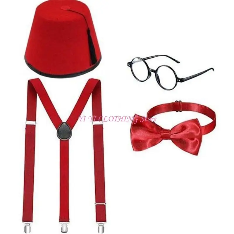 

N5KF Turkish Costume Set with Brace Bowtie Glasses Fez Hat for Men Formal Occasion