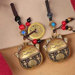 New Lucky Cat Brass Keychain with Five Emperors Money Maneki Neko Waist Keychain Lucky Tassel Good Luck Charms Car Keyring Gift