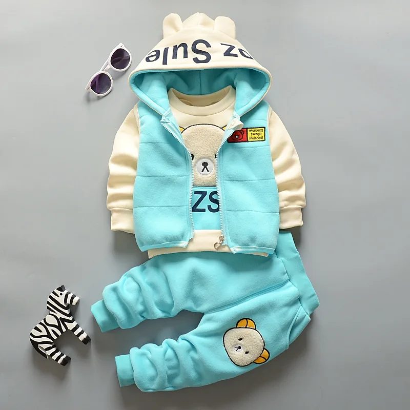 Boy Girl Winter Cartoon Set Baby Autumn Thick Warm Suit Infant Hooded Jackets+Pullovers+Pants 3Pcs Outfits Kids Fleece Clothes