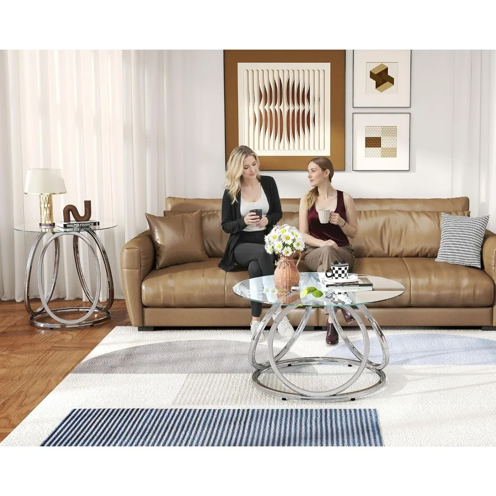 طاولة قهوة زجاجية حديثة بإطار على شكل حلقة لغرفة المعيشة