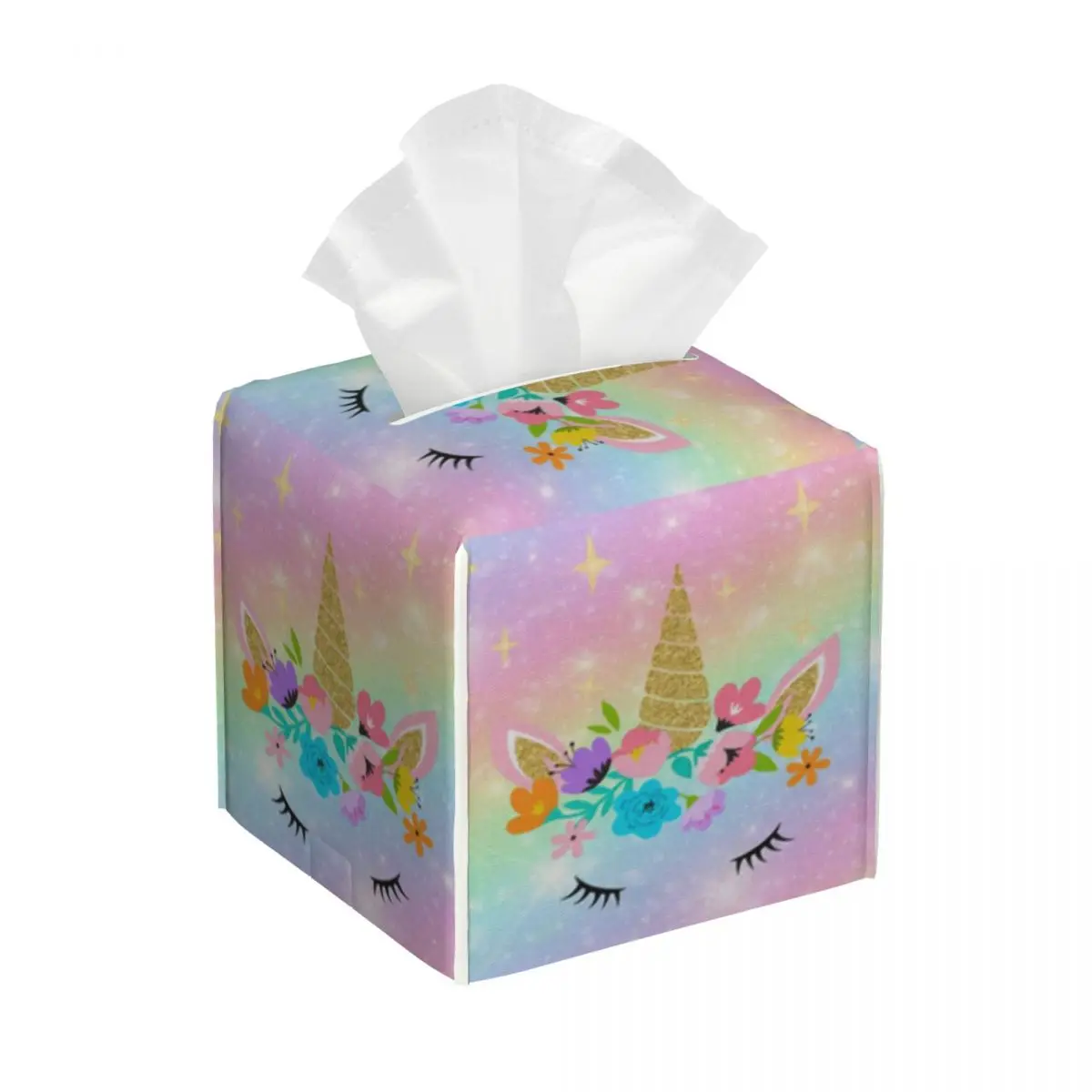 Custom Cartoon Rainbow Unicorn Tissue Box Cover Square PU Leather Facial Tissues Holder for Car