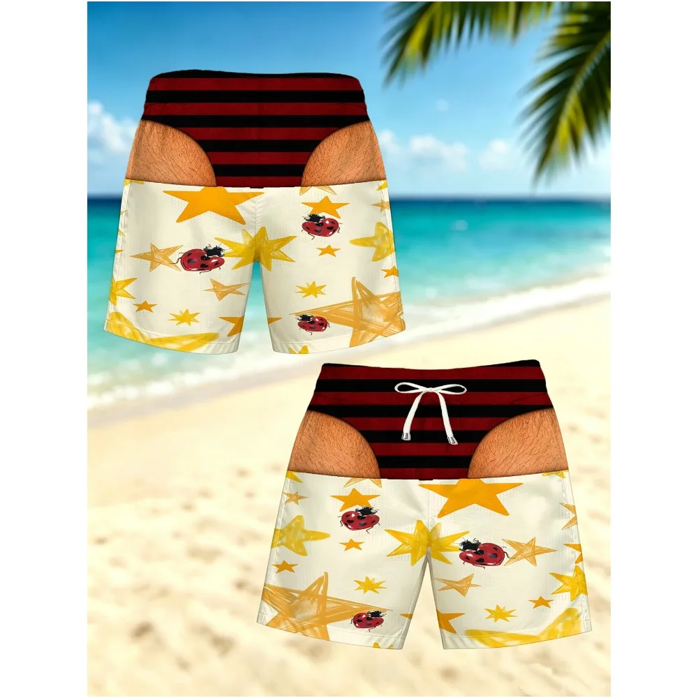 Men Funny Optical Illusion Swim Trunks Red Black Striped Fake Thong Boardshorts Ladybug Yellow Star Beach Shorts