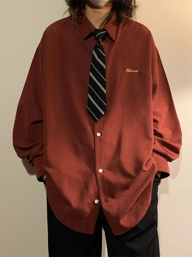 

American Sle Vintage Wine Red Long Sve Men's irt Trendy Oversize Turn-down Collar irt Jaet High-end Feeling Top