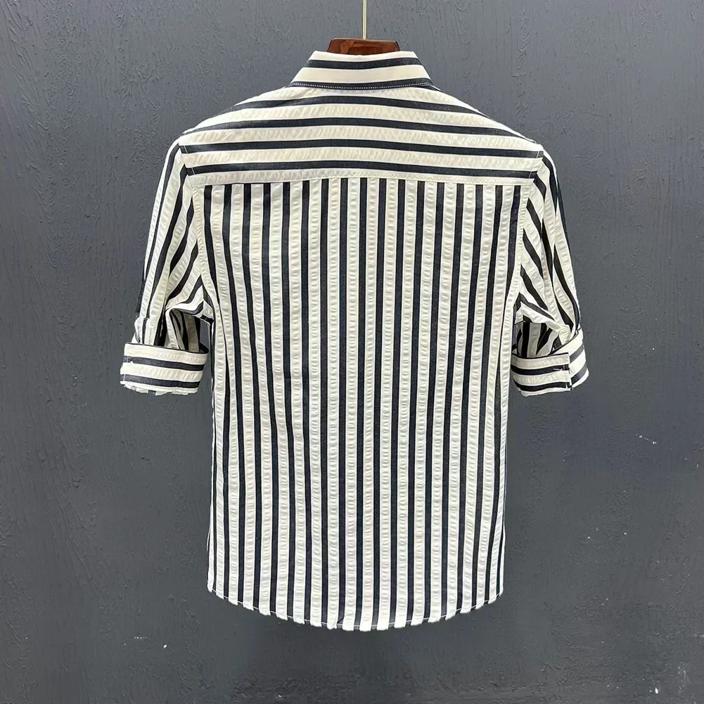 

Повседневная рубашка в полоску, блузка на пуговицах, идеально подходящая для всех сезонов, удобная посадка, легкая тканевая мужская модная рубашка