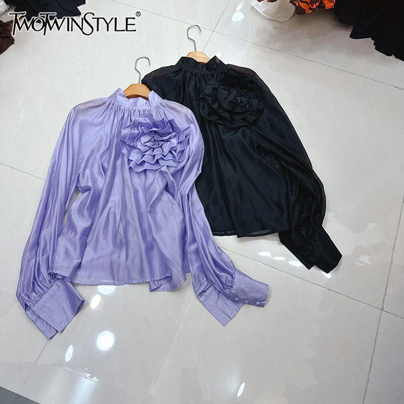 

TWOTWINSTYLE French Style Solid Spliced Appliques Blouses For Women Round Neck Long Sleeve Elegant Shirts Female New KBL553398