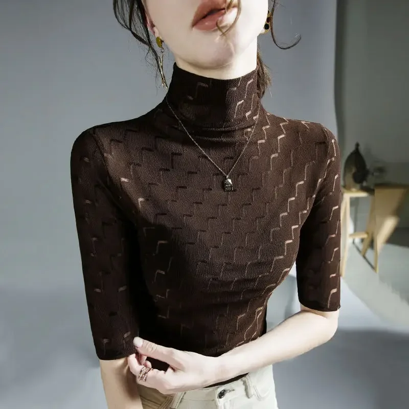 Five-point Sleeve Mesh T-shirt Summer Clothes for Women New Thin Top Half Turtle Collar Bottom Tops