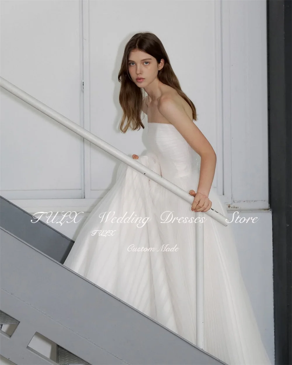 تولكس بسيط عاجي ألف خط فساتين زفاف طويلة كوريا صورة تبادل لاطلاق النار حمالة الأورجانزا زي العرائس مشد مخصص ওয়েডিংddeريس 2026 #3