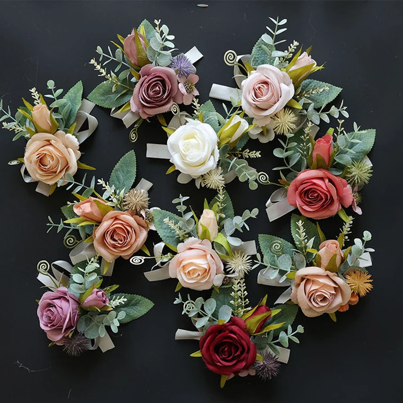 25074 Bohemian Rose Flower Corsage & Wristlet Set - Perfect for Brides, Groomsmen, and Wedding Decorations