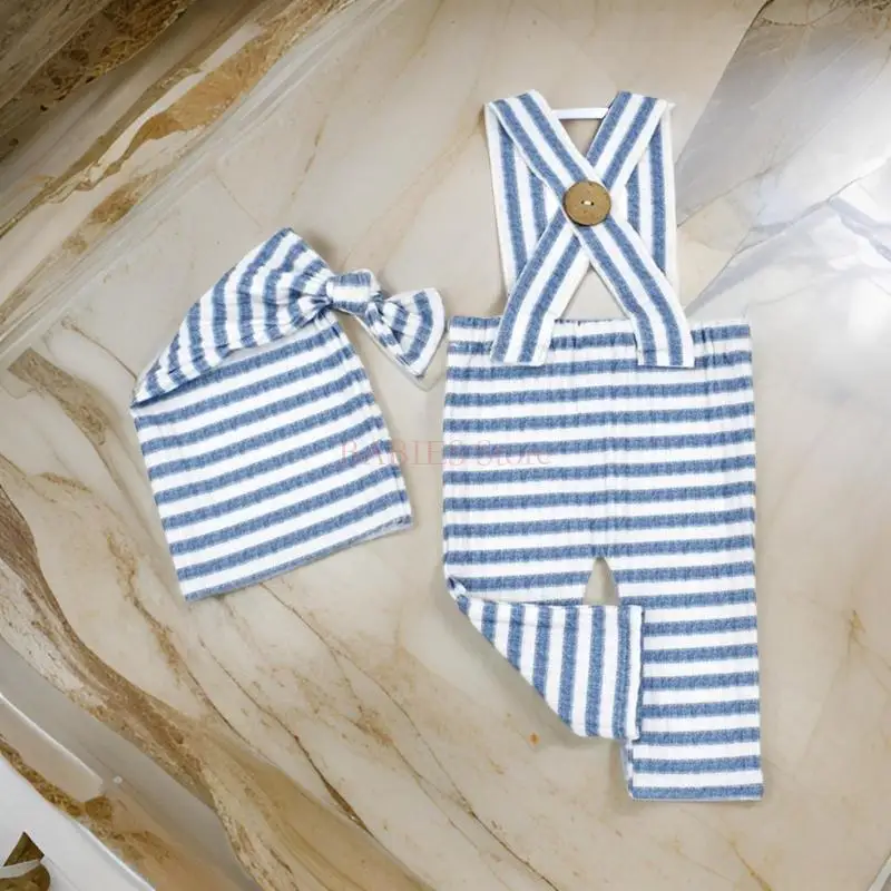 Infants Photo Shoots Apparel Set Adjustable Stripe Romper and Knotted Hat Photography Props for Baby Pictures Taking