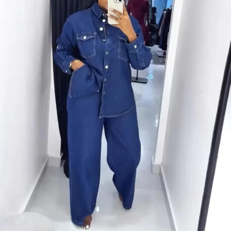 

Denim Two Piece Sets Women Coat Mom Jeans Pockets Single Breasted Turn Down Collar Outfits Jacket Straight Pants Suit 2025