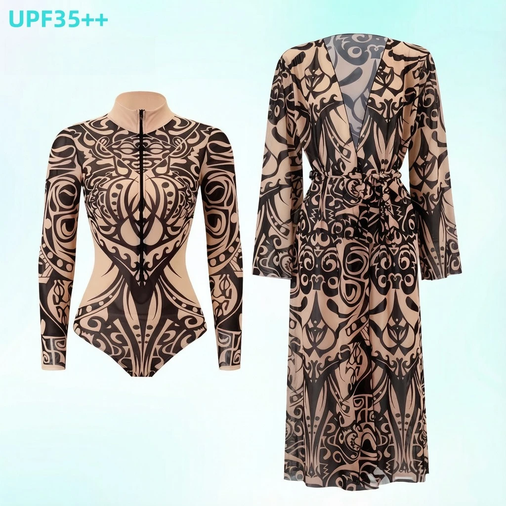 2Pcs Tribal Tattoo Print Swimwear Set Front Zip Long Sleeve Rash Guard + Belted Mesh Kimono Cover Up UPF35++ Beach Bathing Suit