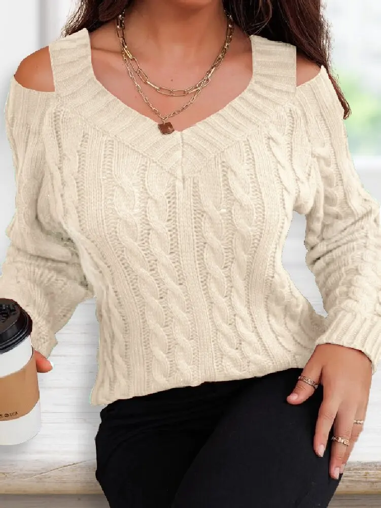 Knit V Neck Casual Fried Dough Twists Off Shoulder Sweater