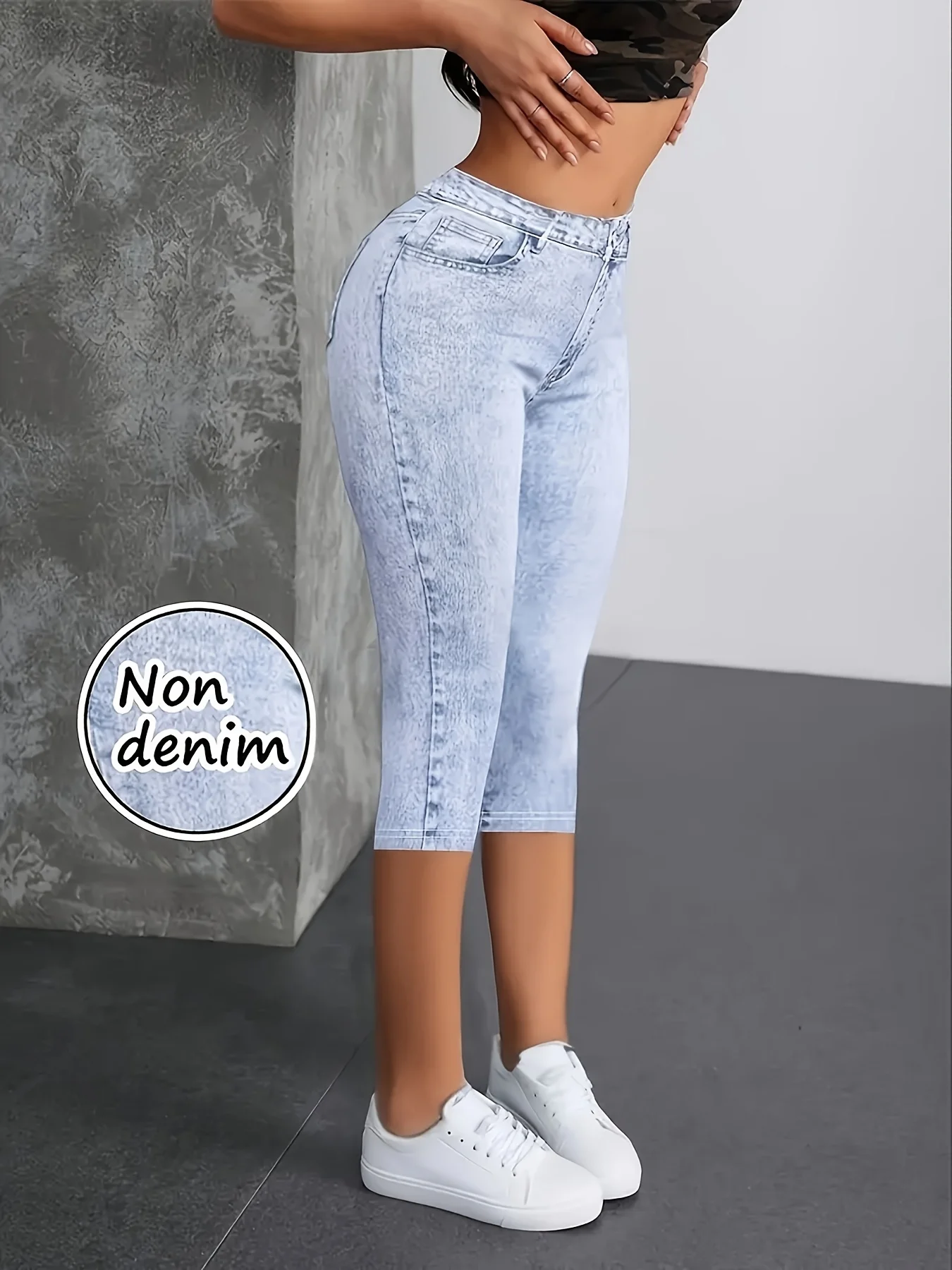 

Y2K Women High Rise Fake Denim Printed Capri Leggings Non Denim High Elastic Slim Fit Streetwear Summer Cropped Pants