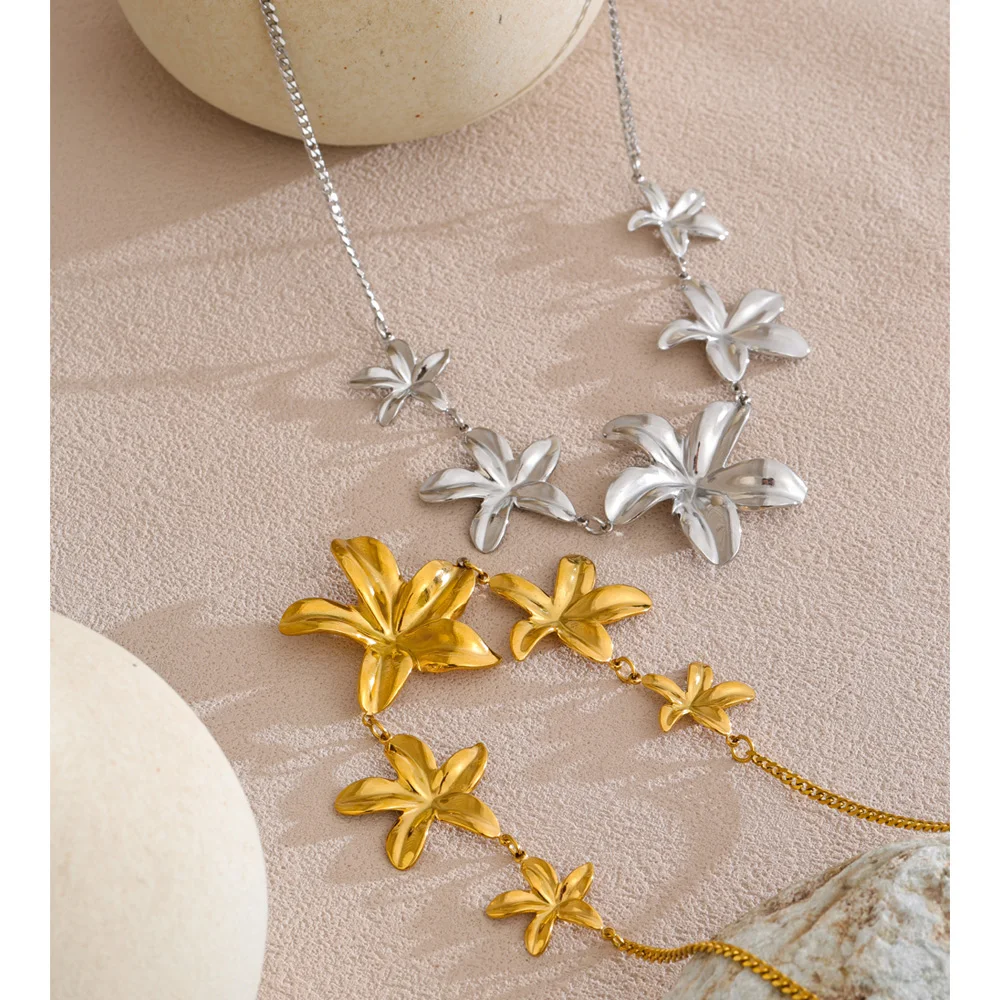 Yhpup Popular Stainless Steel Flower Pendant Chain Necklace Metal Tarnish Resistant Fashion Collar Jewelry PVD Plated Waterproof