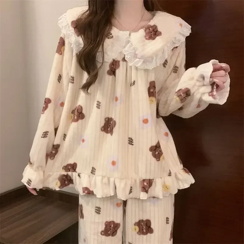 Ruffles Pajamas for Women Autumn Winter Peter Pan Collar Ruffle Sleeve Pajama Top and Elastice Waist Pants 2 Pcs Pajama Sets