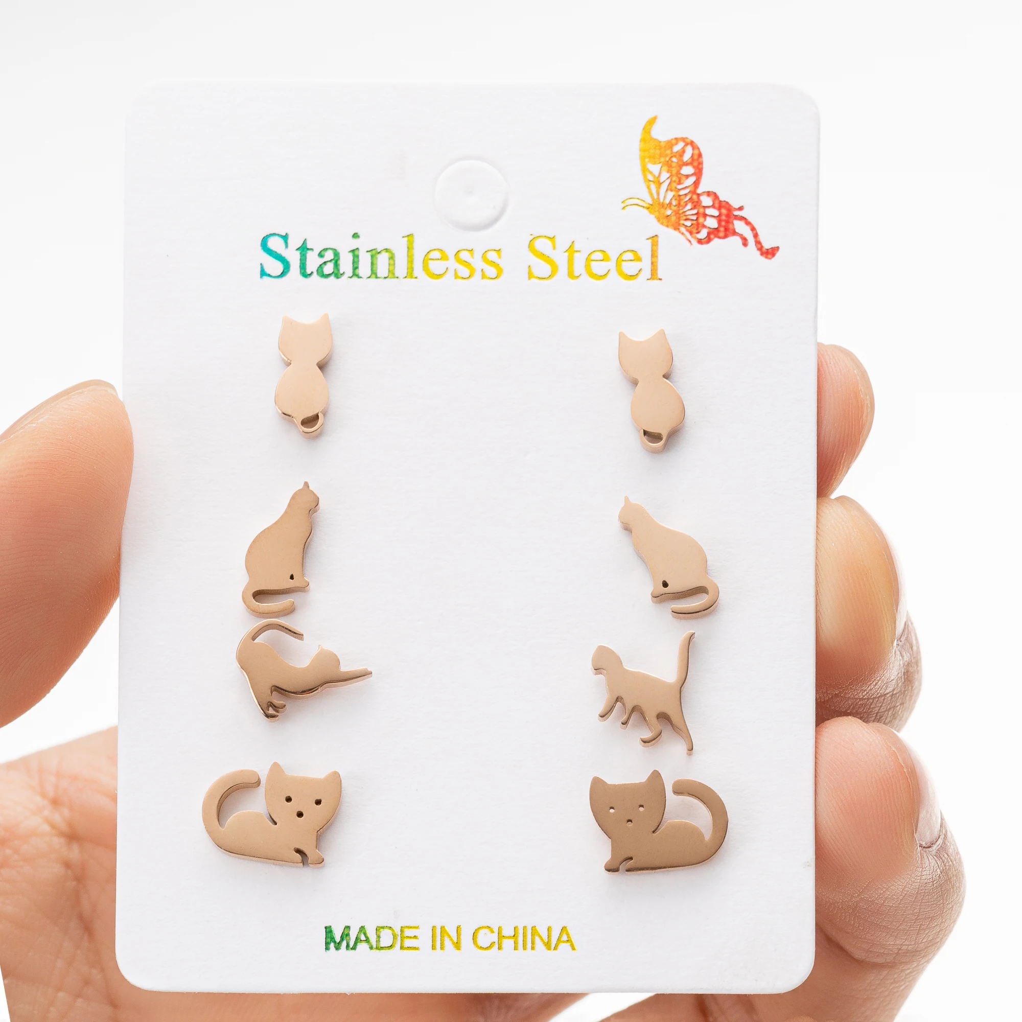 4pairs/lot الصغيرة الفولاذ المقاوم للصدأ القط الأقراط لطيف هريرة الحيوان أقراط كوريا نمط الفتيات الأذن مجوهرات اكسسوارات