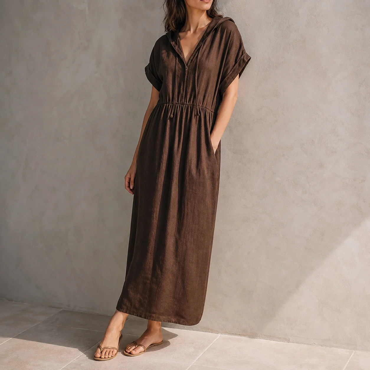 Women's Summer Boho Linen Cotton Linen Dress with Batwing Sleeve Loose Fit Hooded Long Pleated Ruffle Short Sleeve Mid Waist