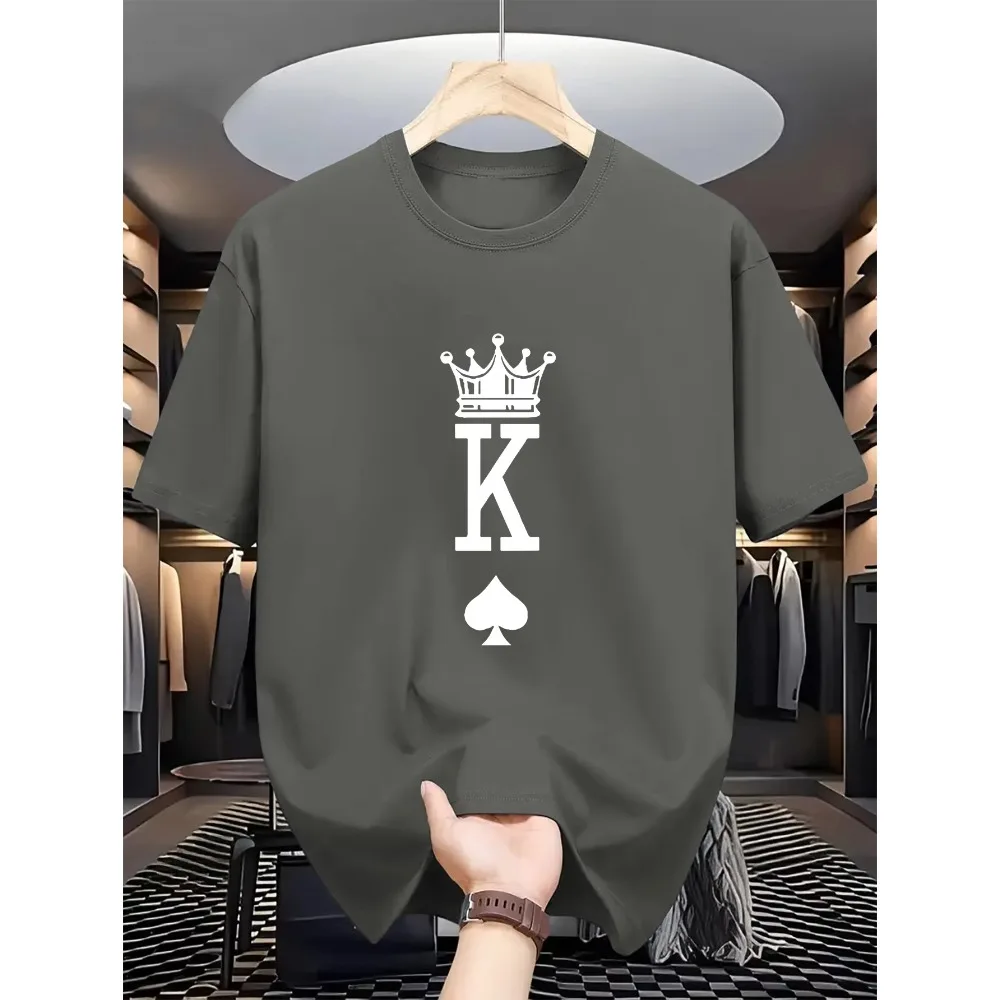 100% Pure Cotton Men's Casual Loose Fashionable Poker Card K Pattern Print Breathable Sports Short Sleeved Round Neck T-shirt