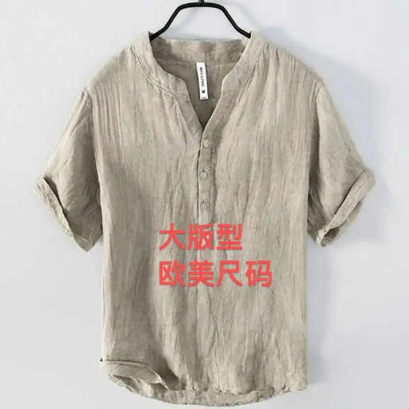 Spot 2025 Men's Color Cotton Linen Middle Shirt Cleanfit Style  Collar Nine Sleeve Length PU Leather Thickened Fleece Lined