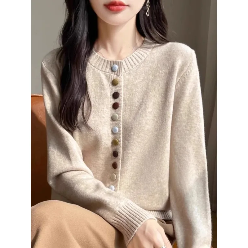 

Retro crew neck knitted cardigan, literary style button sweater