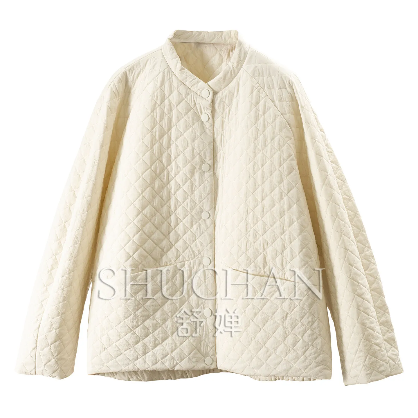 Light Warm Quilted Rhombus, French Cabinet Loose 100 Cotton Filled Cotton Suit Stand-up Collar Jacket Women's F575