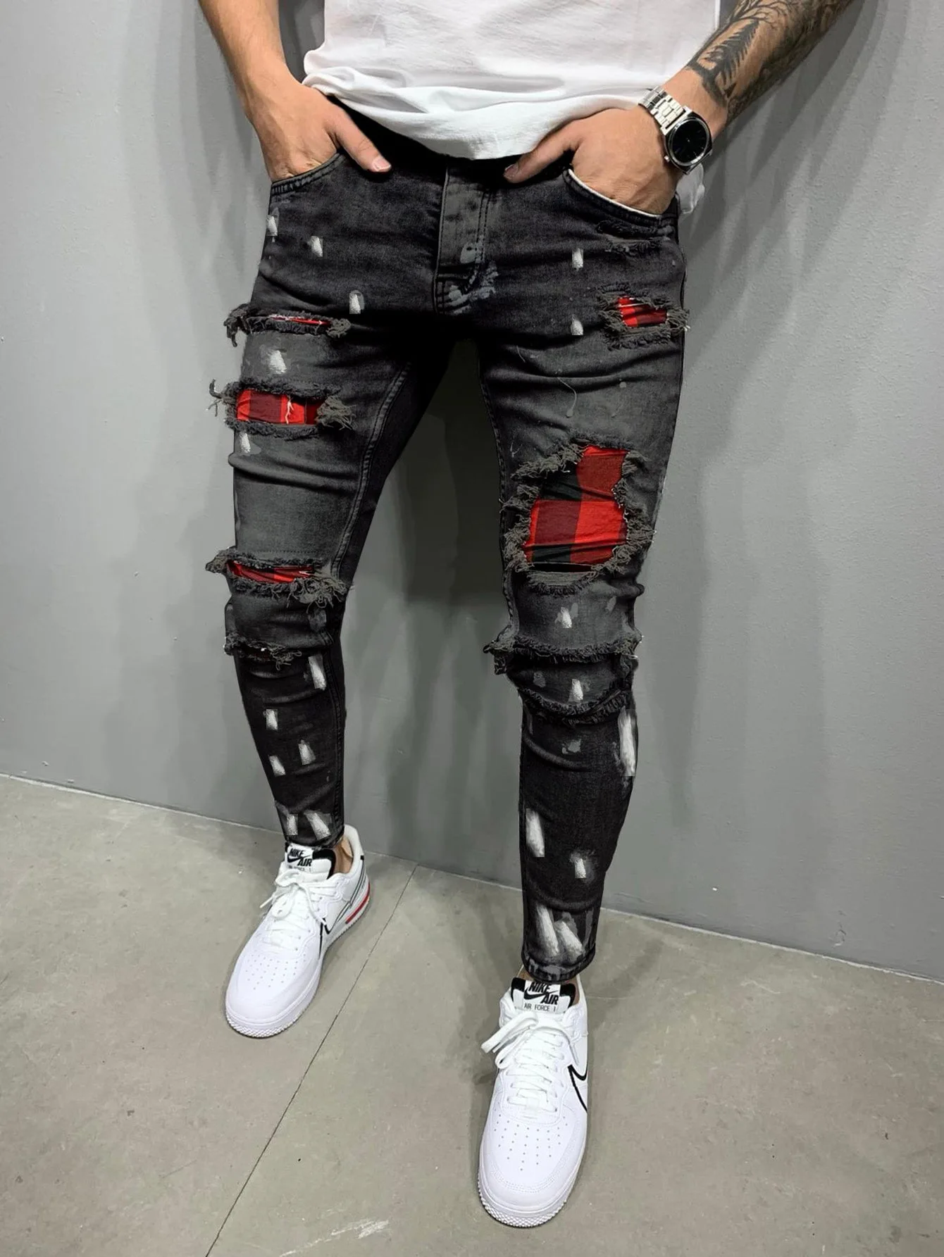 2023 Men\'s Jeans Ripped Pants Mid-Waist Elastic Sports Tight Autumn Comfortable Casual Boys Small Feet Pants