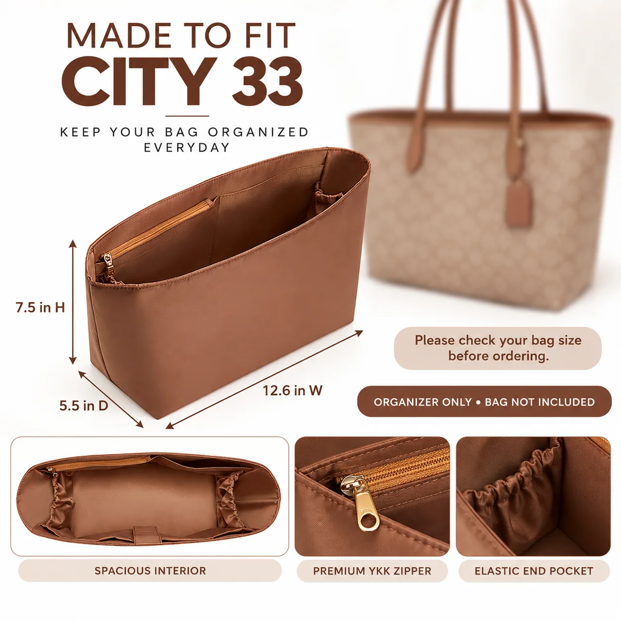 Bag Organizer Insert For City 33 Tote,Brown Nylon Purse Shaper With Ykk Zipper,13-inch Laptop Pocket And Curved Base