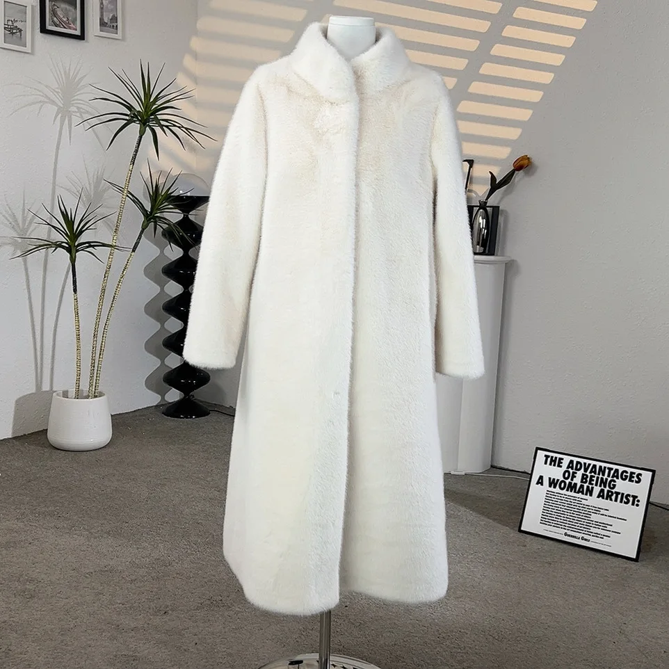 

Женские пальто из искусственного норкового меха, куртки, длинное пальто с воротником-стойкой и длинным рукавом, толстые, с открытой строчкой, свободные, элегантные, осень-зима 2025