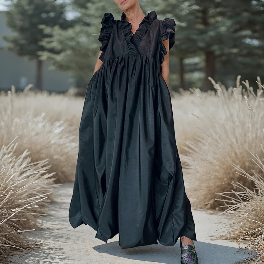 Damen-Maxikleid mit Rüschenbesatz, plissiert, elegant, V-Ausschnitt, ärmellos, locker, Sommer, Vintage, schwarzes Kleid, weiblich, lässig, Urlaubskleider