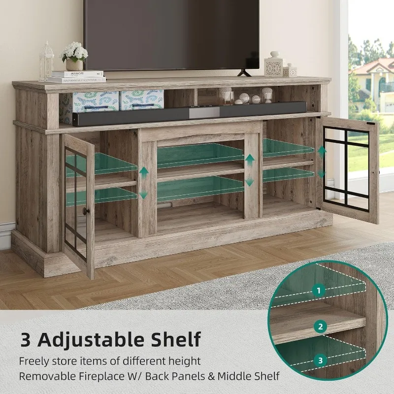 حامل تلفزيون حديث لتلفزيون 75 بوصة، مركز ترفيه LED مع أرفف قابلة للتعديل وأبواب زجاجية، تلفزيون بطول 32 بوصة