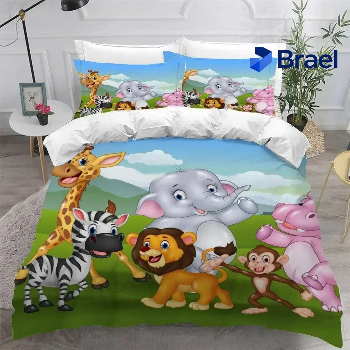 Exquisite Forest Animal Cartoon Zoo Bedding Set,Duvet Cover Comforter Bed Set Quilt Cover Pillowcase,King Queen Twin Size Boys G