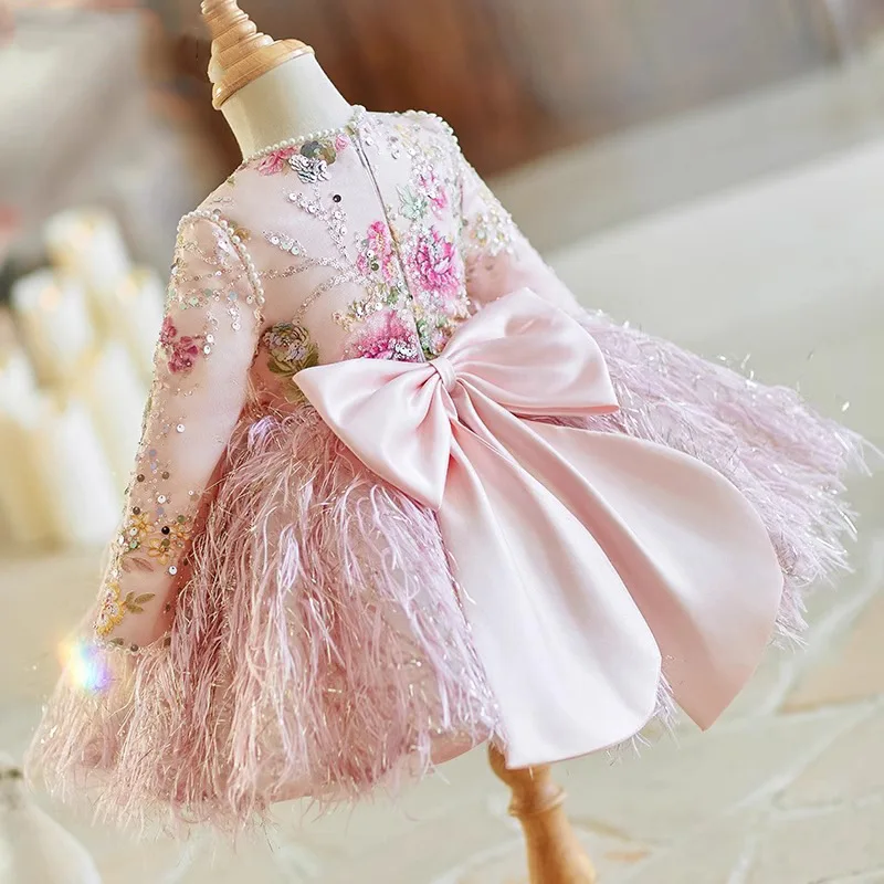 Girls Pink Wedding Princess Ball Gown Children Elegant Fashion Beading Sequins Bow Design Birthday Host Perfromances Dress y1483