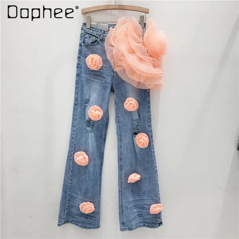 

Woman Three-Dimensional Flowers Straight Jeans 2024 Spring New High-Grade Woman's Fashion High Waist Blue Denim Wide-Leg Pants